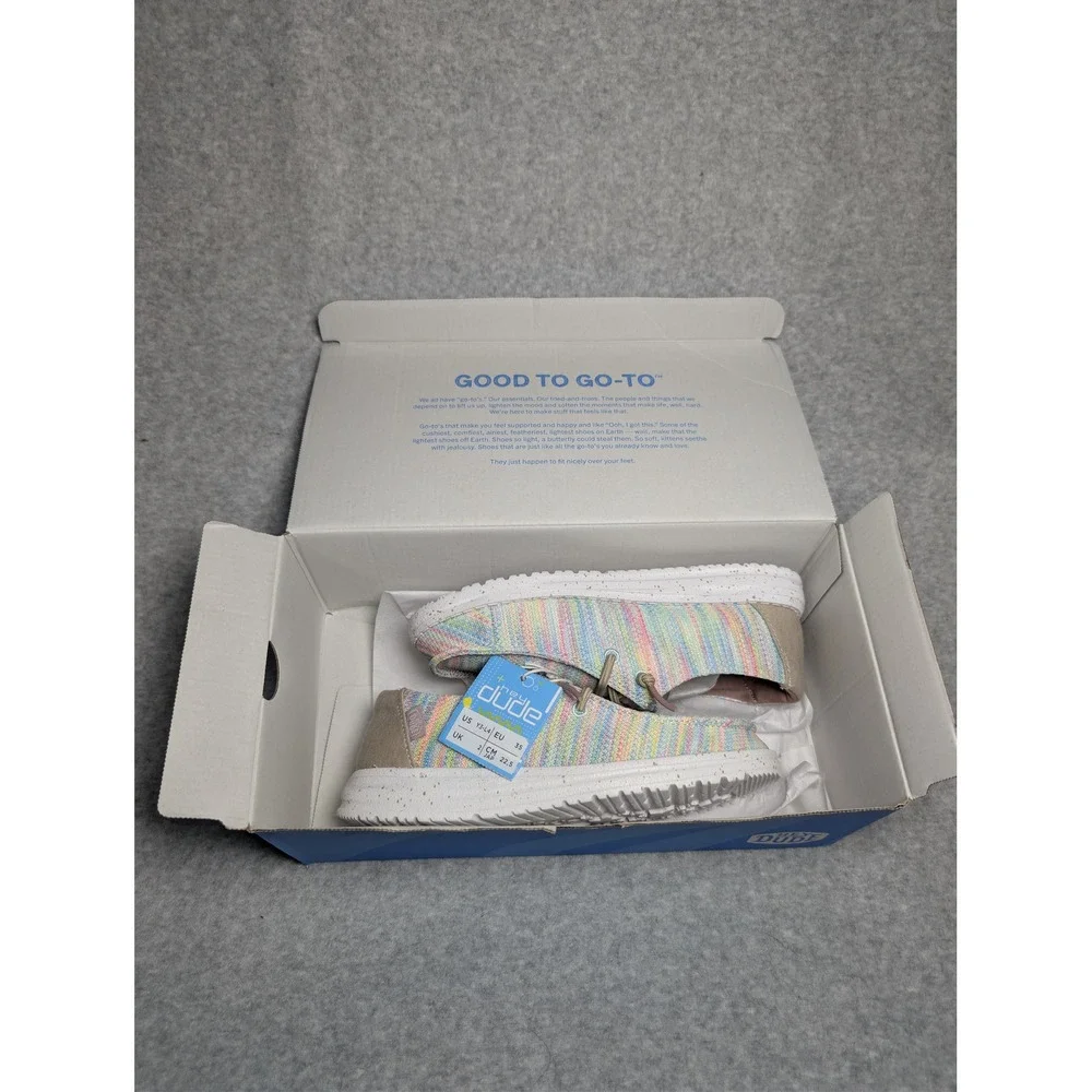 Hey Dude Wendy Youth Size 3 Stretch Aurora White Rainbow Striped Slip On Shoes